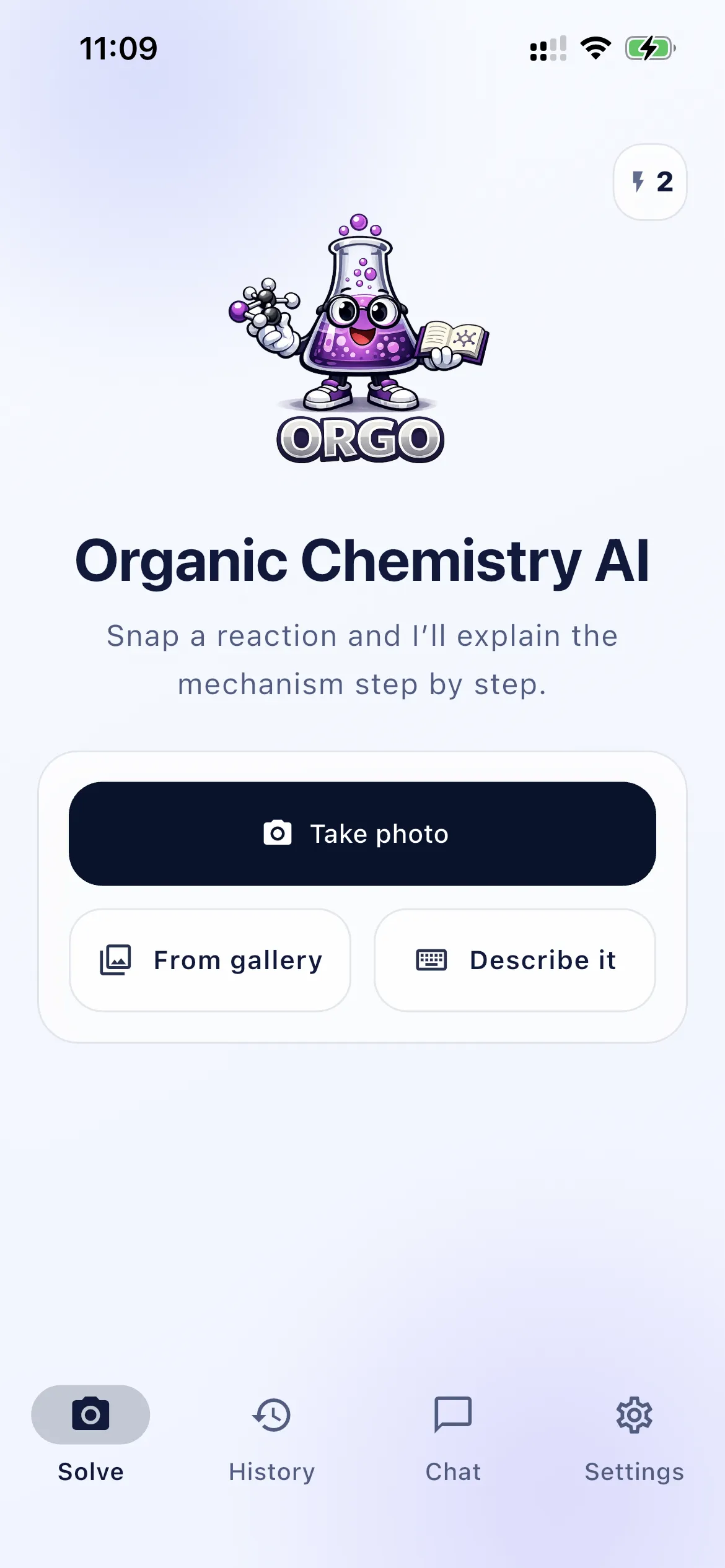 Chemistry AI home screen to start an organic chemistry tutoring session
