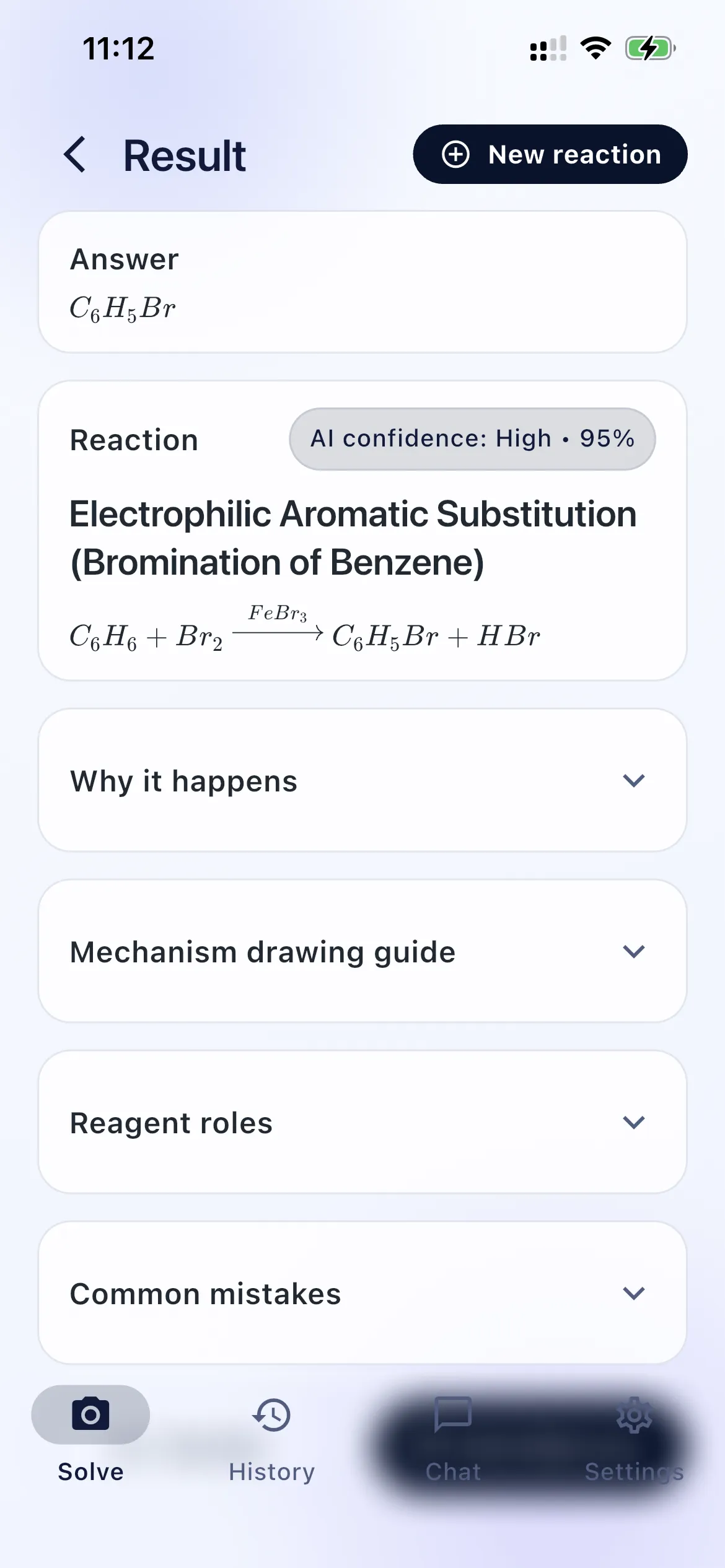 Chemistry AI mechanism result with expandable sections for why it happens and a drawing guide