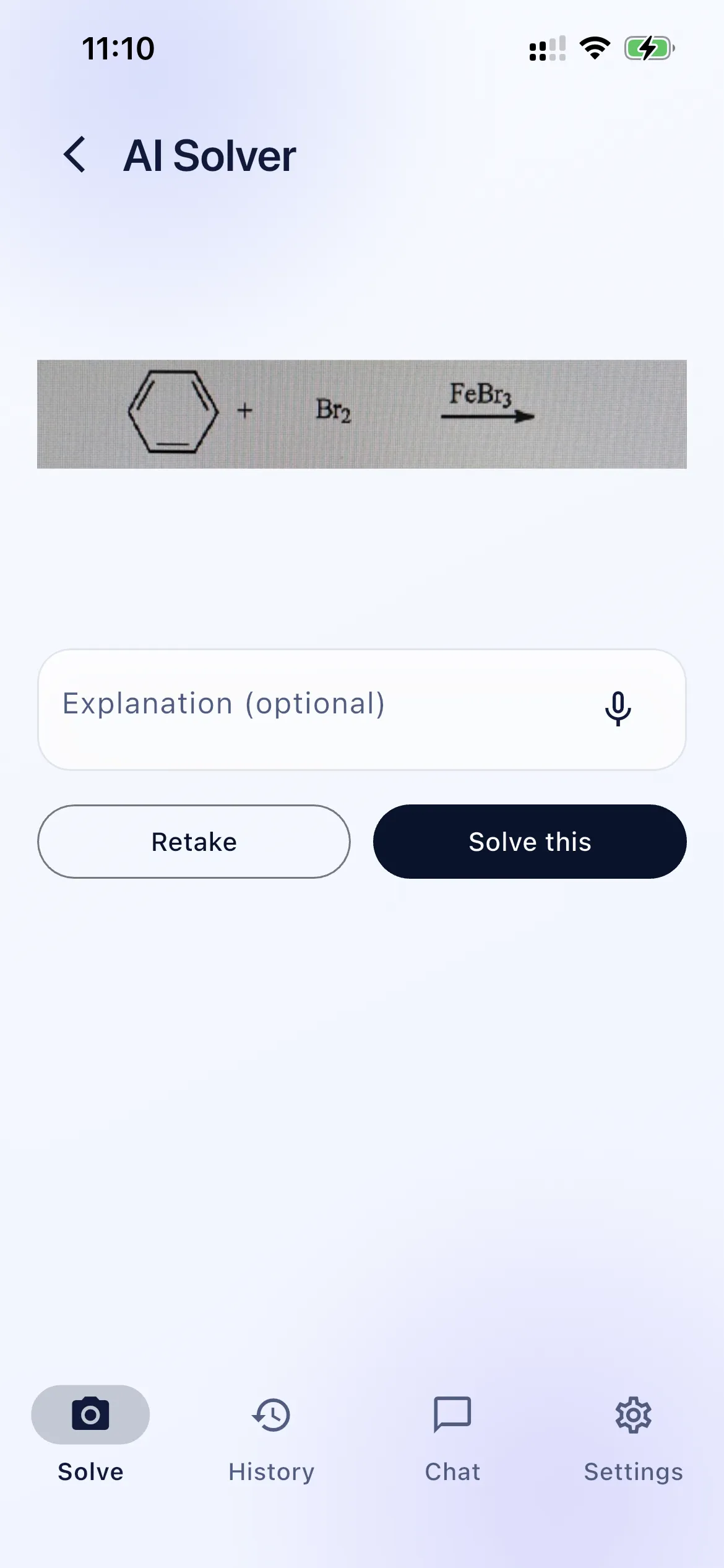 Chemistry AI review screen with a captured bromination of benzene ready to solve